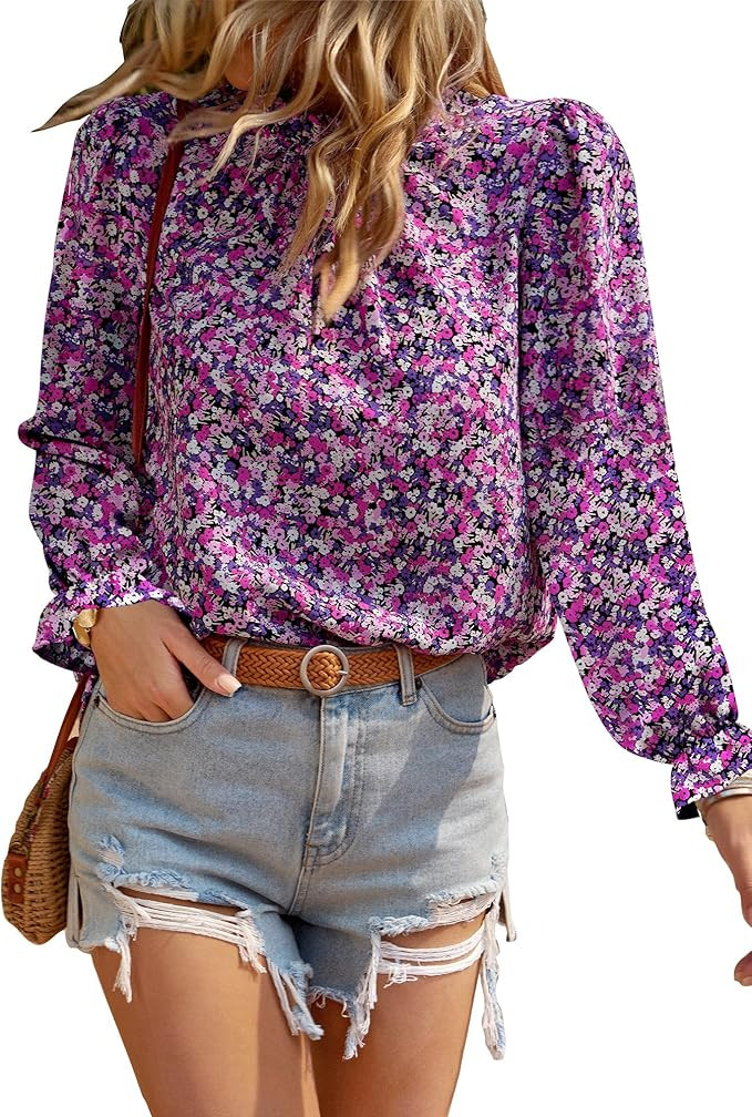 BTFBM Womens Long Sleeve Blouses Spring Summer 2024 Casual Boho Tops Frill Trim Mock Neck Floral ... | Amazon (US)