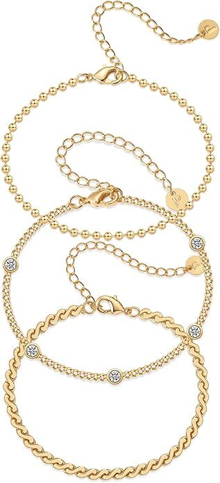 PAVOI 14K Gold Plated Station Serpentine Ball Beaded Chain Bracelet Trio Pack | 3-Piece Jewelry S... | Amazon (US)