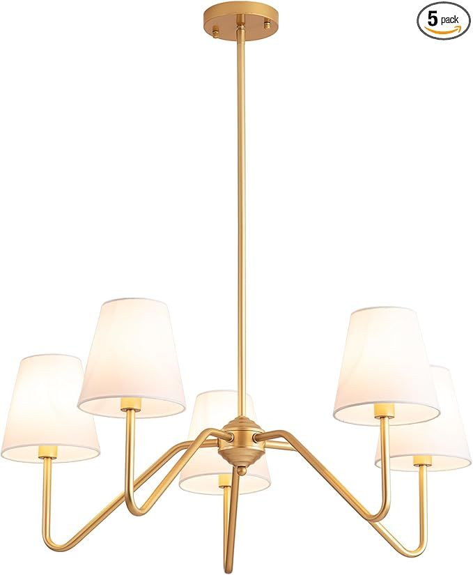 9MMML 30.5" 5 Arms Gold Chandelier, 5 Lights Kitchen Island Lighting with White Fabric Shade,Dini... | Amazon (US)