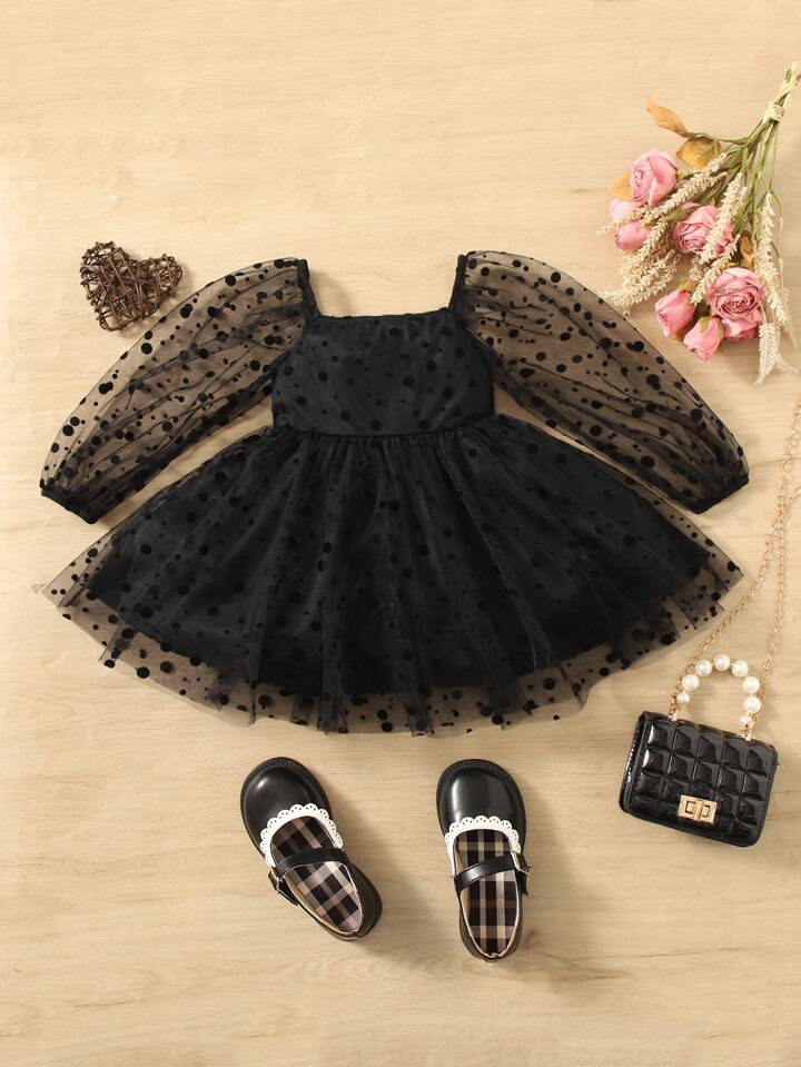 SHEIN Baby Polka Dot Mesh Overlay Square Neck Dress | SHEIN