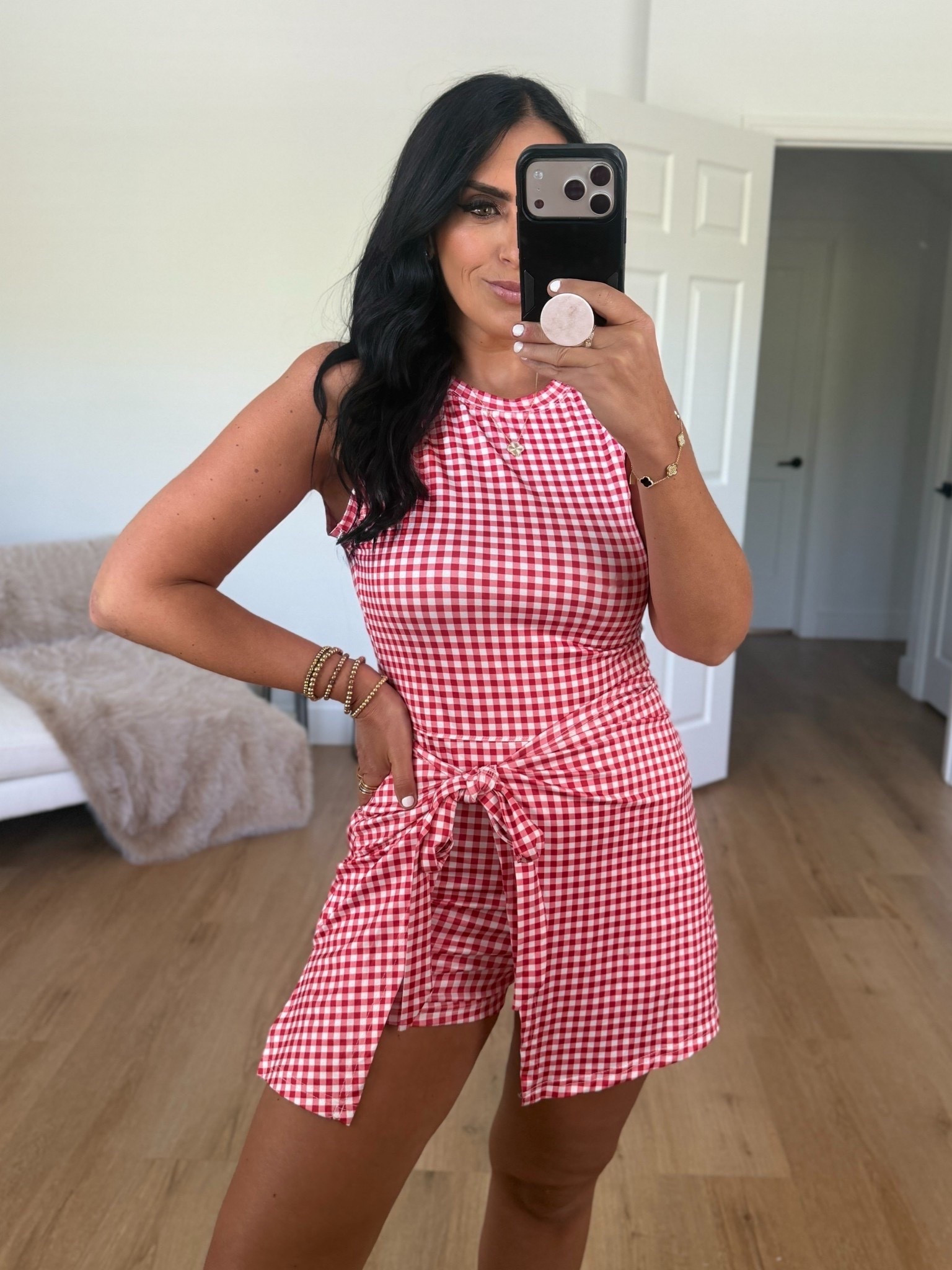 Summer red gingham wrap tie romper skort dress from Amazon wearing size medium. Perfect for Disney