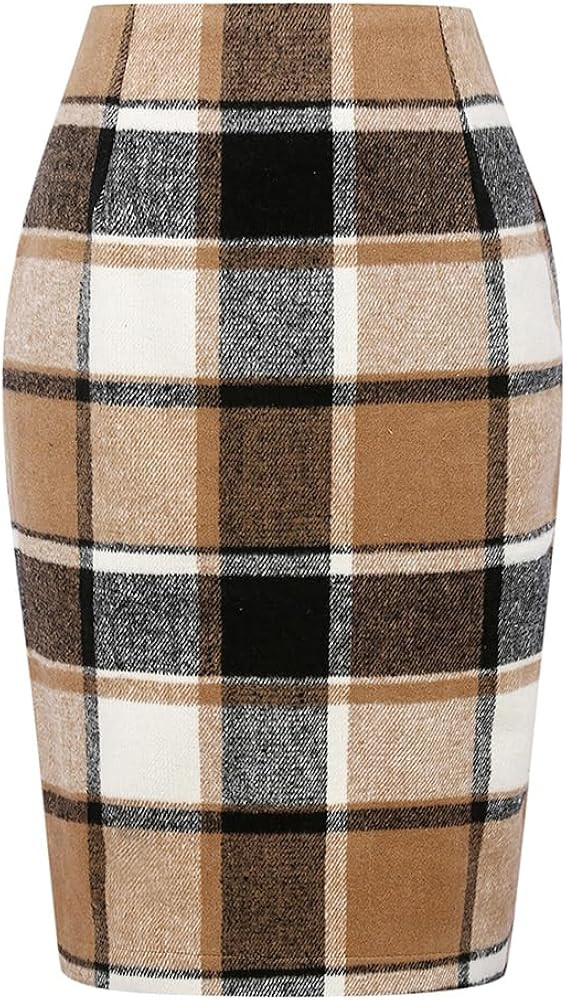 Kinghua Womens Wool Plaid Pencil Skirt Fall Winter High Waisted Slit Bodycon Knee Length Midi Ski... | Amazon (US)