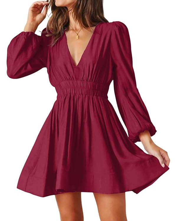 Mini Dress Deep V Sexy Dress Long Sleeve Dress for Women A-line High Waisted Casual Flowy Dress | Amazon (US)