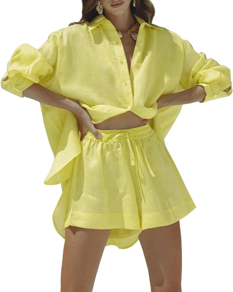 Fixmatti Women 2 Piece Outfits Long Sleeve Button Down Shirt and Shorts Set Casual Sweatsuits | Amazon (US)