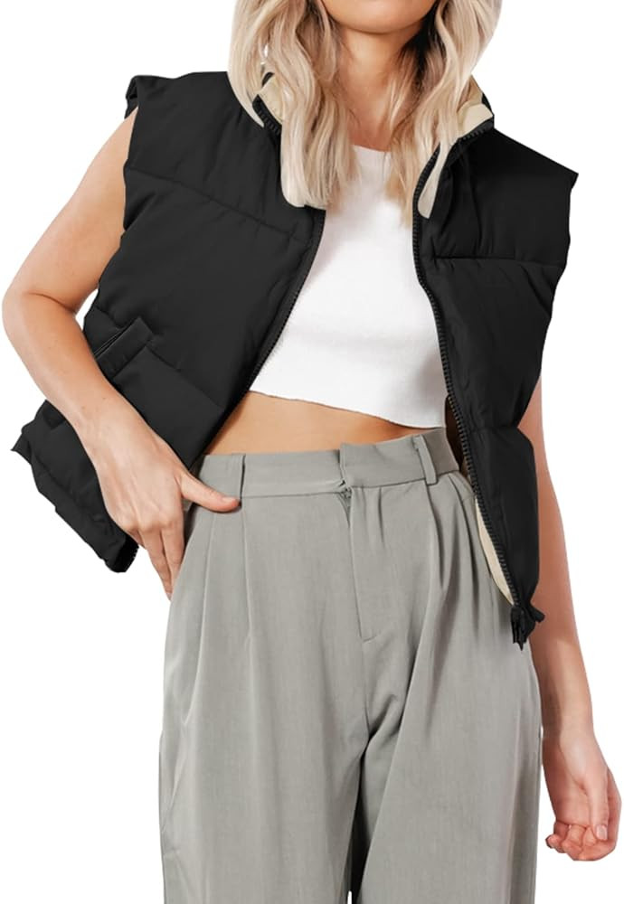 WOTOZR Women's Cropped Puffer Vest Zip Up Sleeveless Quilted Down Jacket Coats Padded Gilet with Poc | Amazon (US)