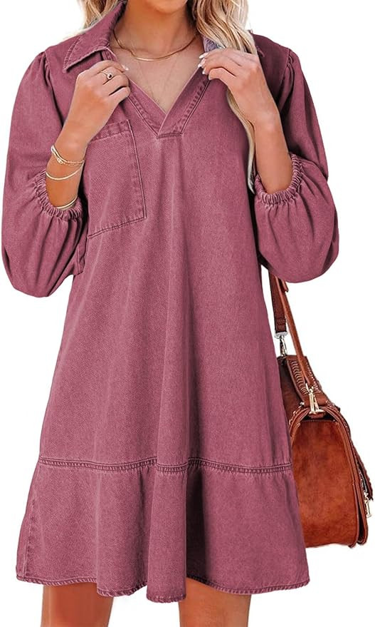 Dokotoo Denim Dress for Women Fashion Fall Casual Babydoll 2025 V Neck 3/4 Puff Sleeve Jean Dress... | Amazon (US)
