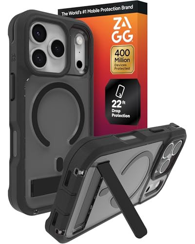 ZAGG Rainier Case with Kickstand for iPhone 17 Pro - Smoke Black, Graphene 22ft (7m) Drop Protection, Lanyard Attach Points, MagSafe, Wireless Charging Compatible, 2-Piece Design, Phone Case | Amazon (US)
