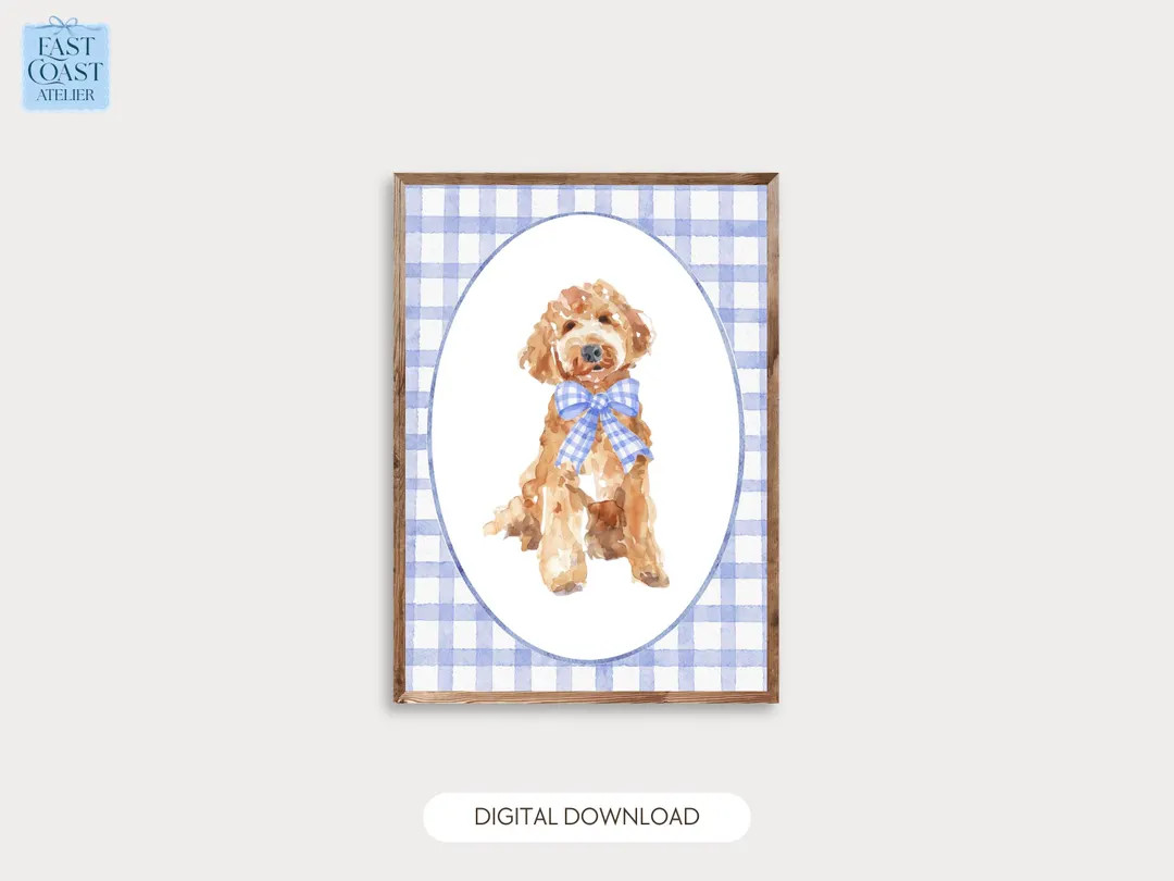 Golden Doodle Watercolor Print | Blue Gingham Decor | Coastal Granddaughter | Preppy Cottagecore ... | Etsy (US)