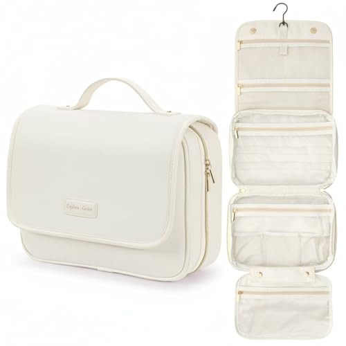 PACKISM Hanging Travel Toiletry Bag for Women - Fabric Travel Makeup Organizer with Detachable Makeup Bag and 4 Smart Large Compartments, for Full-Sized Toiletries, Off White (M) | Amazon (US)