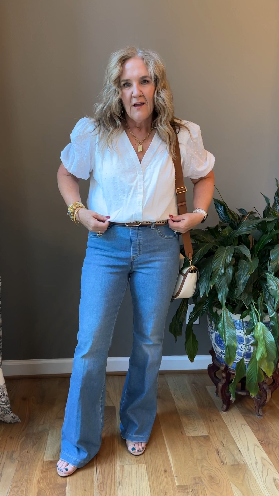 Spanx denim flare in the light wash. I’m wearing a large petite. Def order your larger size. 15% off code NANETTEXSPANX 

Blouse size large. It’s pretty roomy. 10% off code at Gibson look NANETTE10

I’m loving my new shoes. Wearing them to the rehearsal dinner and then lots of other places. Very leg lengthening. 

I’m linking similar purses. Wearing a large in the belt. 


Date night idea jeans spanx denim 

#LTKOver40 #LTKMidsize #LTKSeasonal