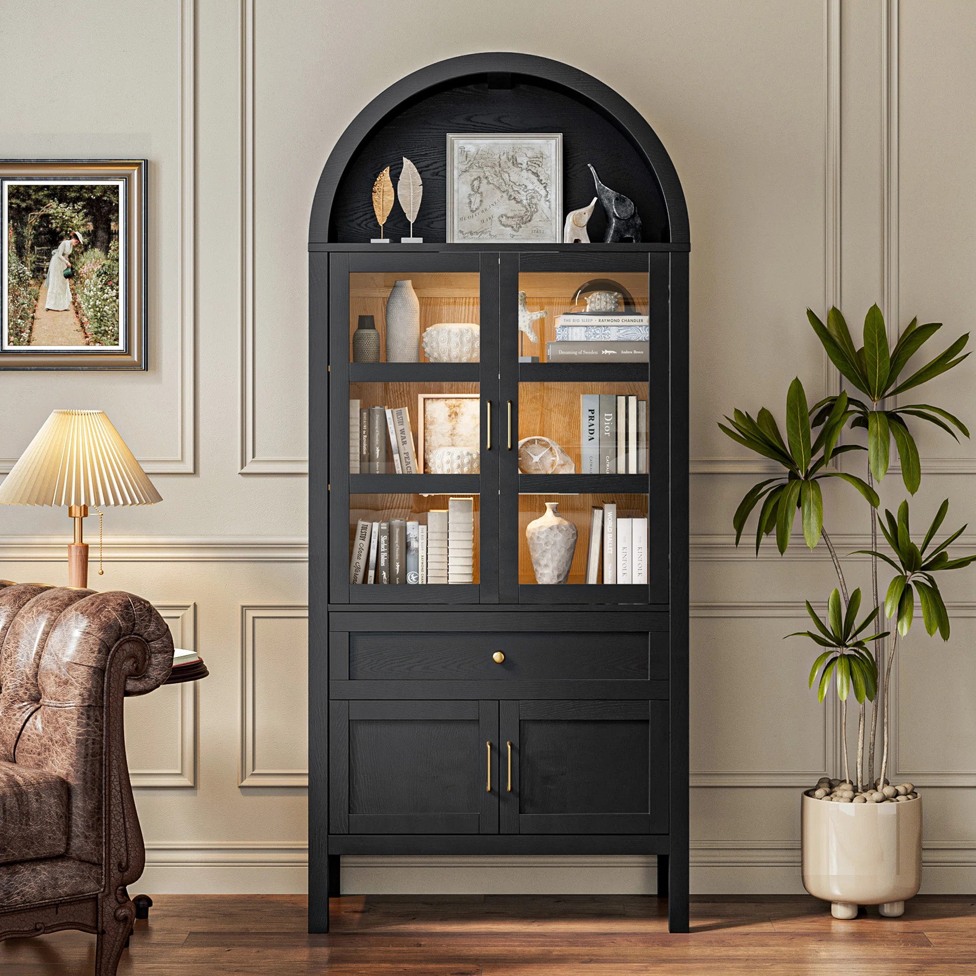 Arched China Cabinet with Wireless Smart Lights, Adjustable Shelves, Tempered Glass Doors, Drawer... | Wayfair North America