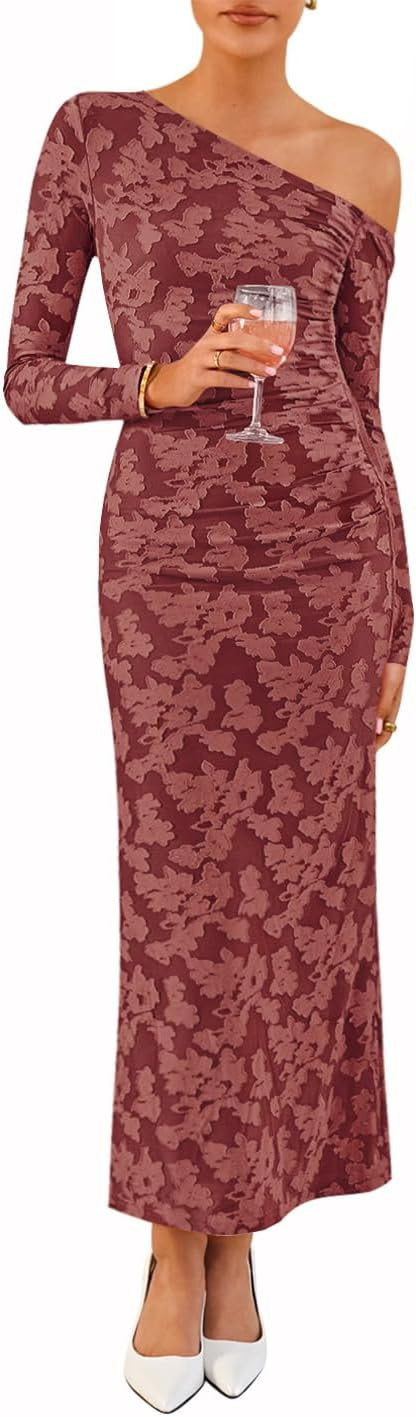 ZESICA Women's Fall Floral Off Shoulder Bodycon Maxi Dresses 2025 Long Sleeve Ruched Elegant Cock... | Amazon (US)