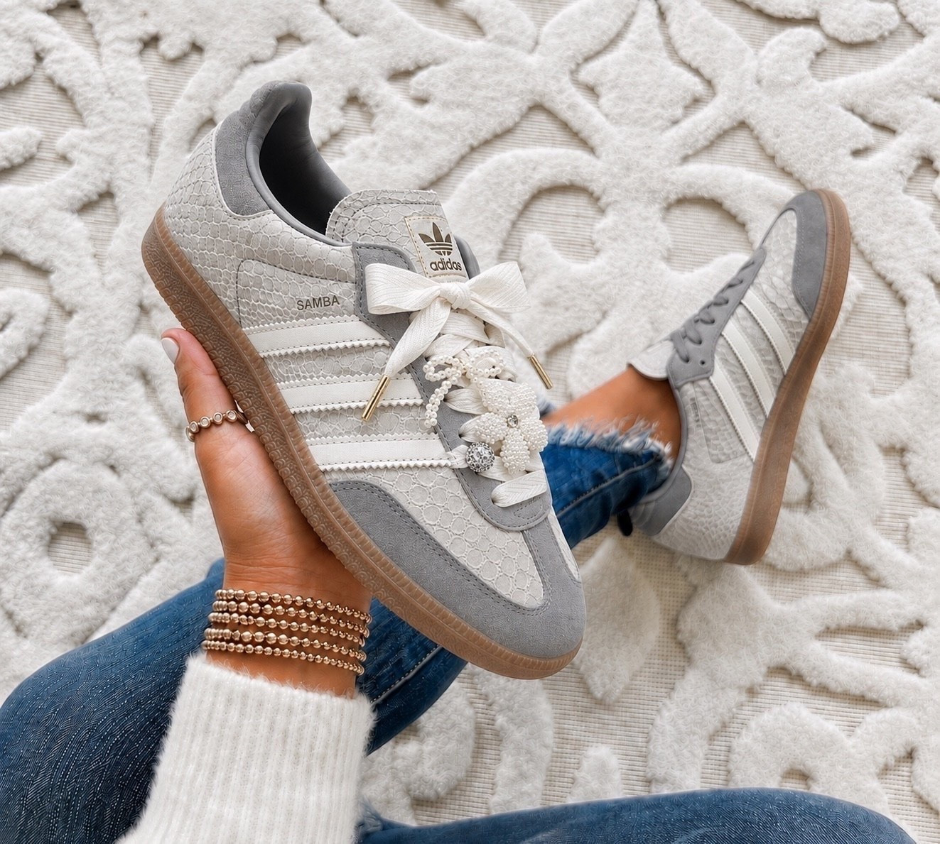 The Adidas Samba OG Shoes are the perfect elevated everyday sneaker with a true to size fit, featuring a timeless silhouette and the prettiest neutral snakeskin texture for an effortlessly chic, girly look.
