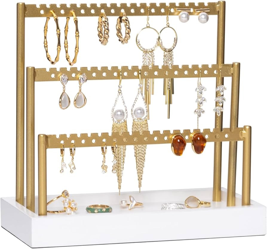 SANY DAYO HOME 3-Tier Earring Holder Organizer Stand, 105 Holes Gold Metal Earring Rack Jewelry D... | Amazon (US)