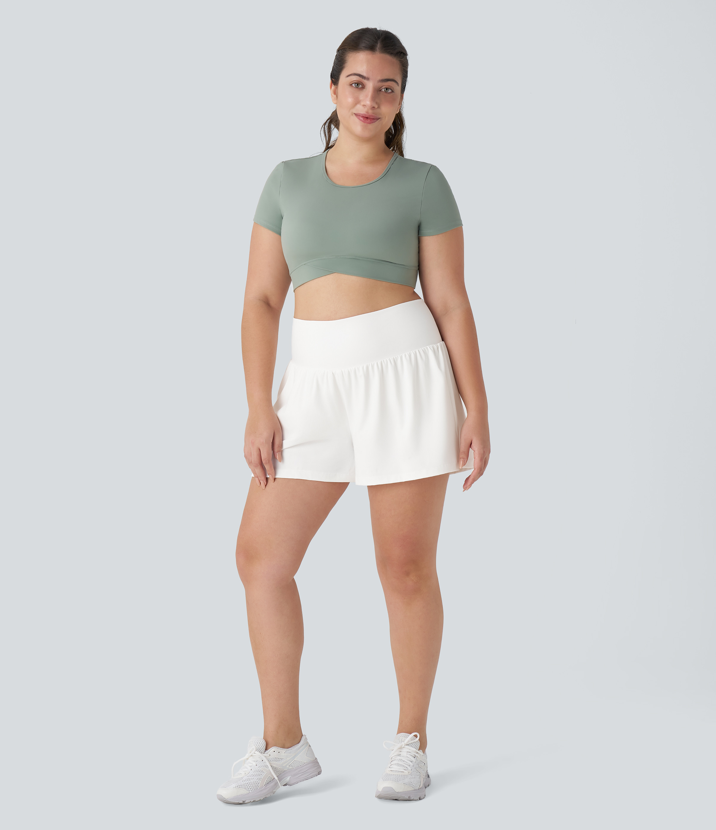 Halara Super High Waisted Back Pocket & Side Hidden Pocket 2-in-1 Yoga Plus Size Shorts 4''-Longer Length - White - 2X(Long) | HALARA