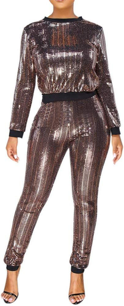 Adogirl Womens Sexy 2 Piece Outfits Glitter Sequin Metallic Top and Pants Set Bodycon Jumpsuit Ro... | Amazon (US)