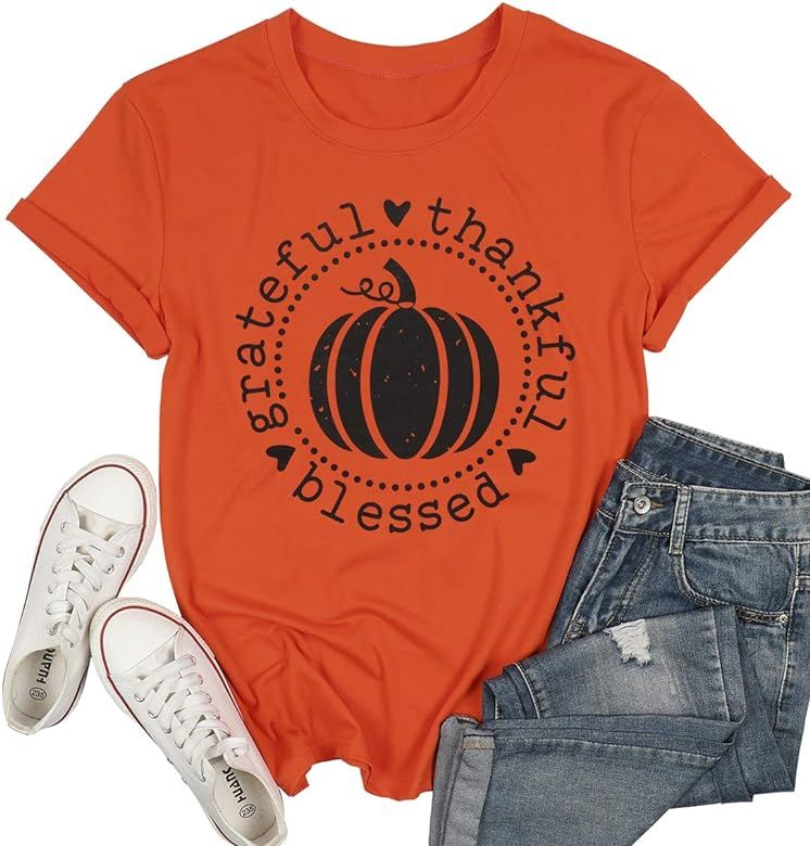 Grateful Thankful Blessed Halloween Shirt Women Cute Pumpkin Graphic Letter Print T-Shirt Short S... | Amazon (US)