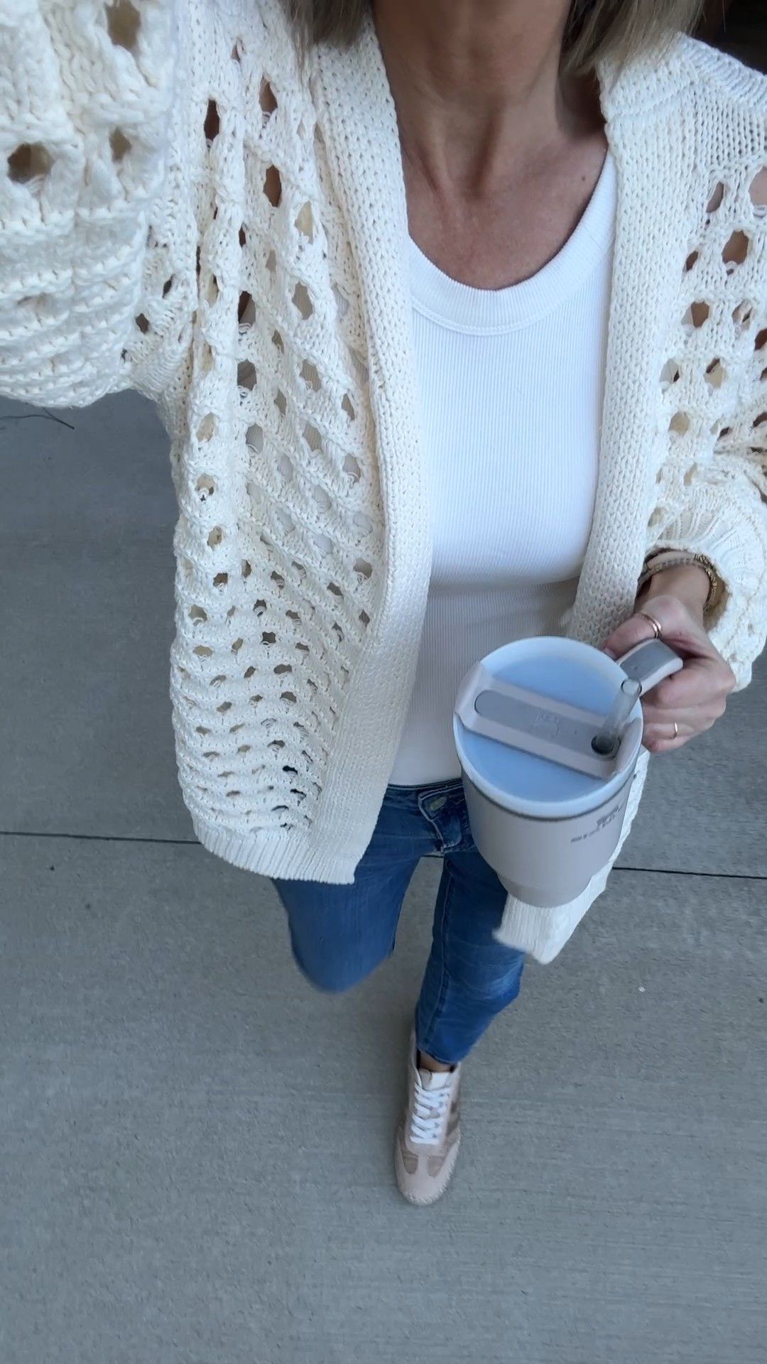 Open knit relaxed cardigan and built in bra cami!  These sneakers are so cute!  They fit true to size. If between sizes go up in the waist of the straight leg jeans.  

#LTKOver40 #LTKTall #LTKootd