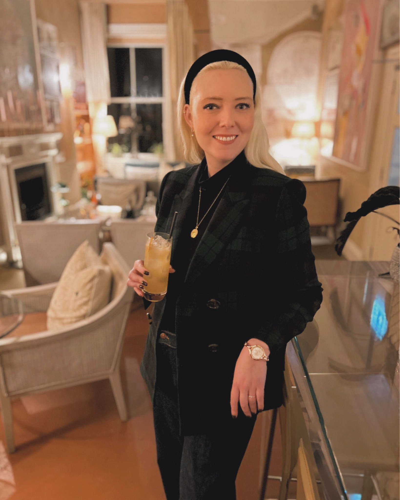 Weekend 1970s vibes with LK Bennett’s amazing Mariner Blackwatch Tailored Jacket - catch 25% off with the limited time Sunday Times Style code STYLELKB20 - this also includes sale items!! I teamed with my Hobbs London Mischa Black Jersey Roll neck (so soft) and Boden wide leg jeans. Finished touches are a Jennifer Behr from Selfridge’s luxury black velvet headband and some beautiful Dower and Hall jewellery including the True North Diamond Talisman necklace in gold vermeil and the White Sapphire Dewdrop Charm Hoop Earrings. Last but not least, I’m wearing my Balmain bracelet rose gold watch ✨ 

#LTKeurope #LTKsale #LTKuk