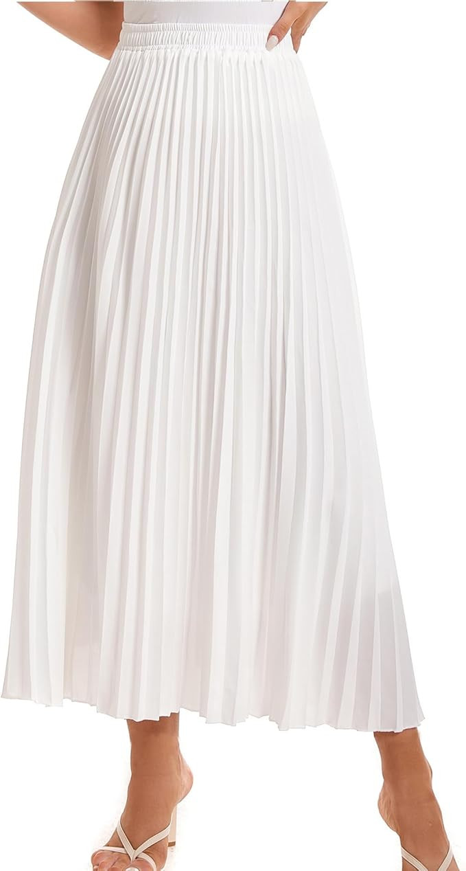 Womens Elastic High Waist Flowy Pleated Skirt Chiffon Swing A-line Beach Maxi Skirt | Amazon (US)