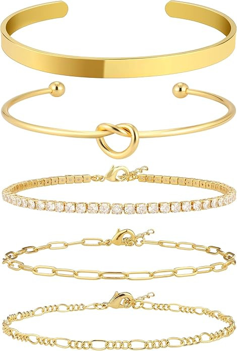 Gold Bracelet for Women Stack 14K Real Gold Plated Bangle Cuff Bracelet Set Gold Beaded Tennis Pa... | Amazon (US)