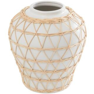 Litton Lane White Handmade Ceramic Decorative Vase with Woven Rattan Exterior 043505 - The Home D... | The Home Depot