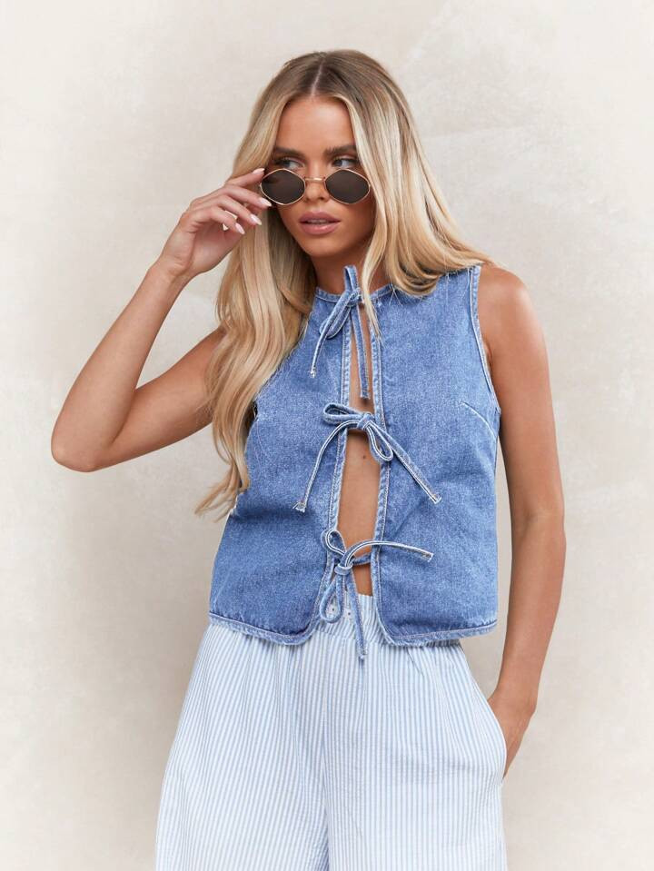 MISSGUIDED Tie Detail Open Front Sleeveless Denim Top | SHEIN