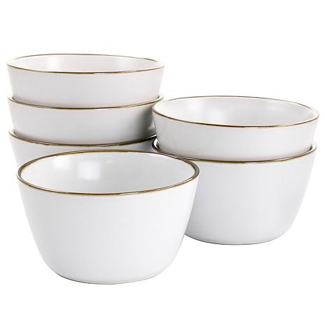 Elama Arthur 6-Piece Stoneware Bowl Set in Matte White with Gold Rim | HSN
