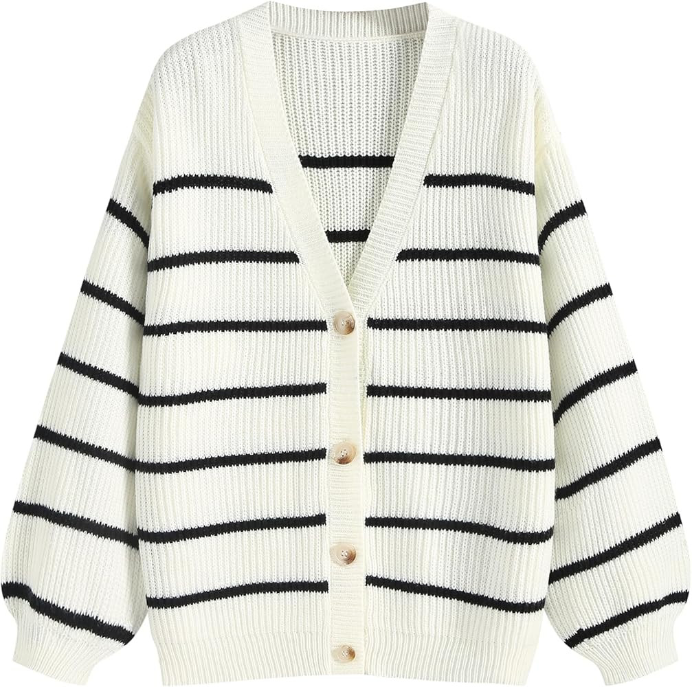 ZAFUL Women's Striped Cardigan Long Sleeve Button Up Open Front Knit Oversized Sweater | Amazon (US)