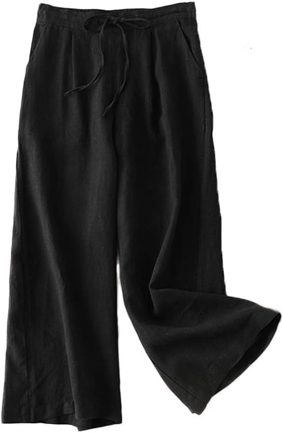 LaovanIn Women's Wide Leg Palazzo Pants Linen Drawstring Cropped Pants Trousers Culottes | Amazon (US)