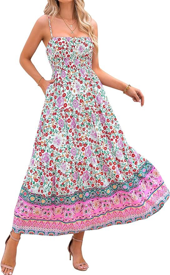 CFLONGE Summer Dresses for Women 2024 Beach Sleeveless Vintage Floral Boho Dress Adjustable Strap... | Amazon (US)