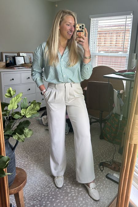 Summer Business Casual look for the girls who love a little color in their life! ✨

Button Down - size M - shirt fits oversized and comes in so many different colors. I love how you can wear it casual or like this for business.

Pants - size 6 - these dress slacks are super flattering with the pleats. I love the wide leg and they have great length to them. The quality is 10 out of 10 and I highly recommend them.

Mules - TTS - these dress shoes are super comfortable. I love the gold with the white. Such an easy way to class up any look! 

#LTKWorkwear #LTKShoeCrush #LTKSeasonal