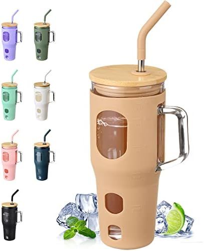 VOKOVO 32 Oz Glass Tumbler with Bamboo Lid and Straw, Glass Water Bottles with Handle Reusable Cu... | Amazon (US)