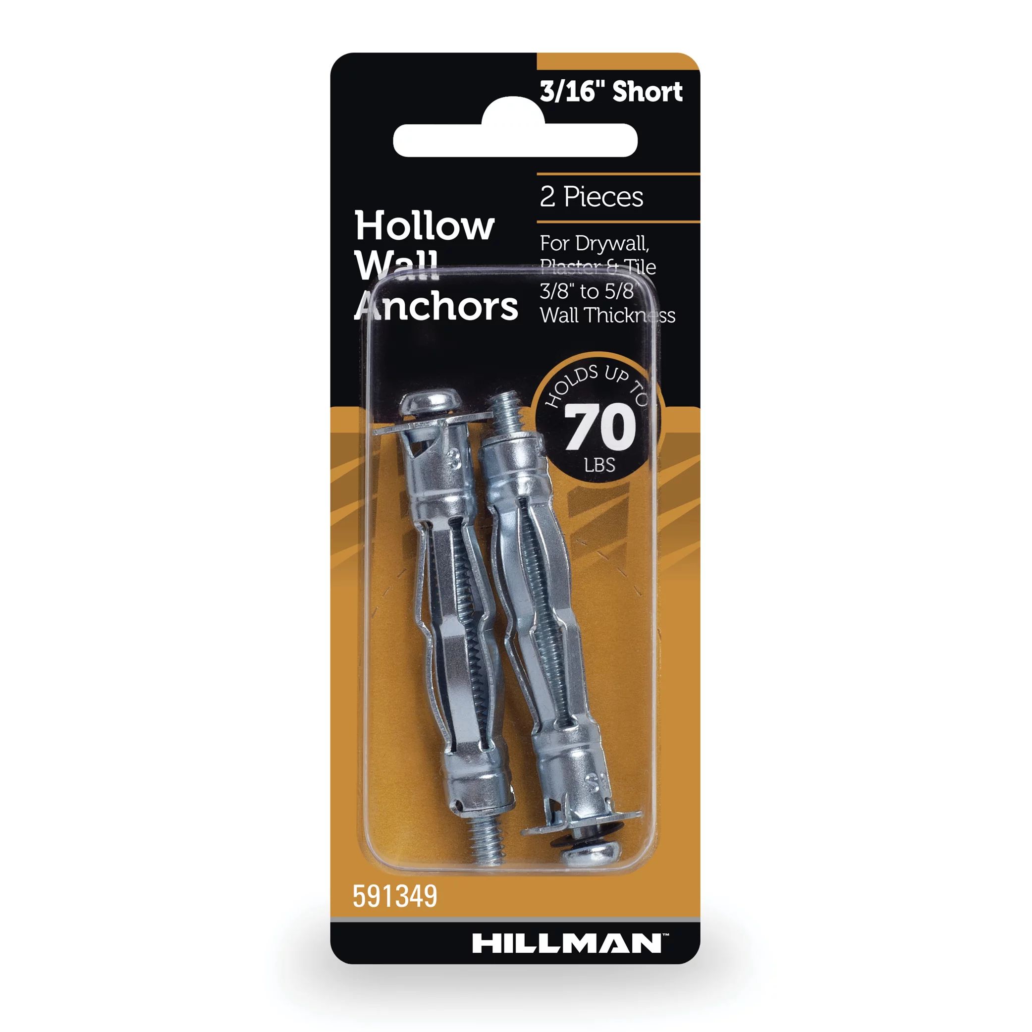 Hillman Hollow Wall Anchors, 3/16", Zinc Finish, Steel, 70lbs, 2 PK | Walmart (US)