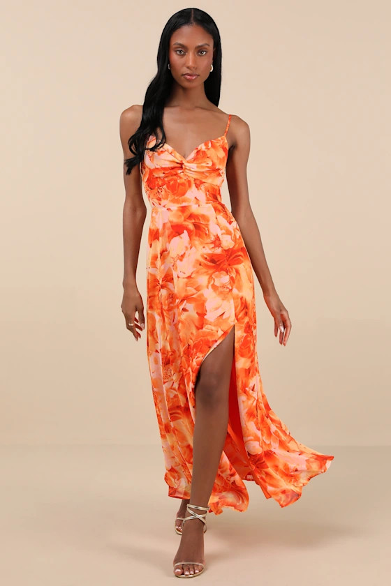 Beautiful Soul Orange Floral Print Twist-Front Maxi Dress | Lulus