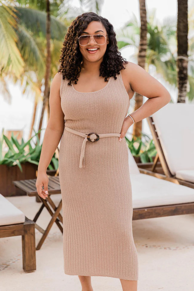 Wonder About Me Tan Belted Midi Dress | Pink Lily