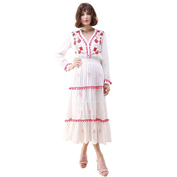Chicwish Women's White Pink Floral Embroidered Yarn Balls Maxi Dress | Amazon (US)