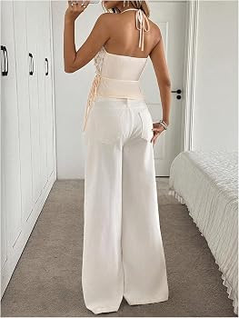 OYOANGLE Women's Sequin Sparkly Sleeveless Halter Top Wrap V Neck Side Tie Asymmetrical Party Tan... | Amazon (US)
