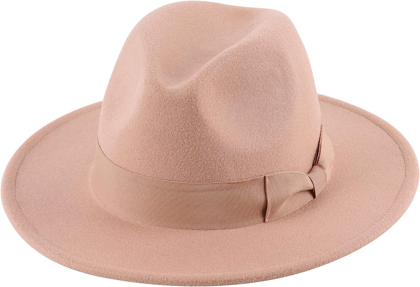 Lanzom Womens Classic Wide Brim Floppy Panama Hat Belt Buckle Wool Fedora Hat | Amazon (US)