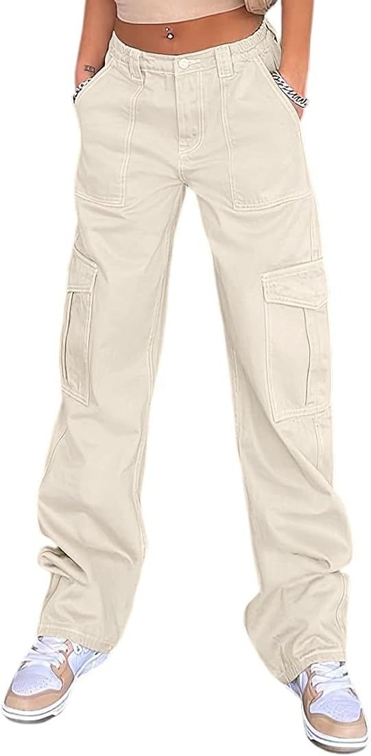 QYANGG High Waist Stretch Cargo Pants Women Baggy Multiple Pockets Relaxed Fit Straight Wide Leg ... | Amazon (US)