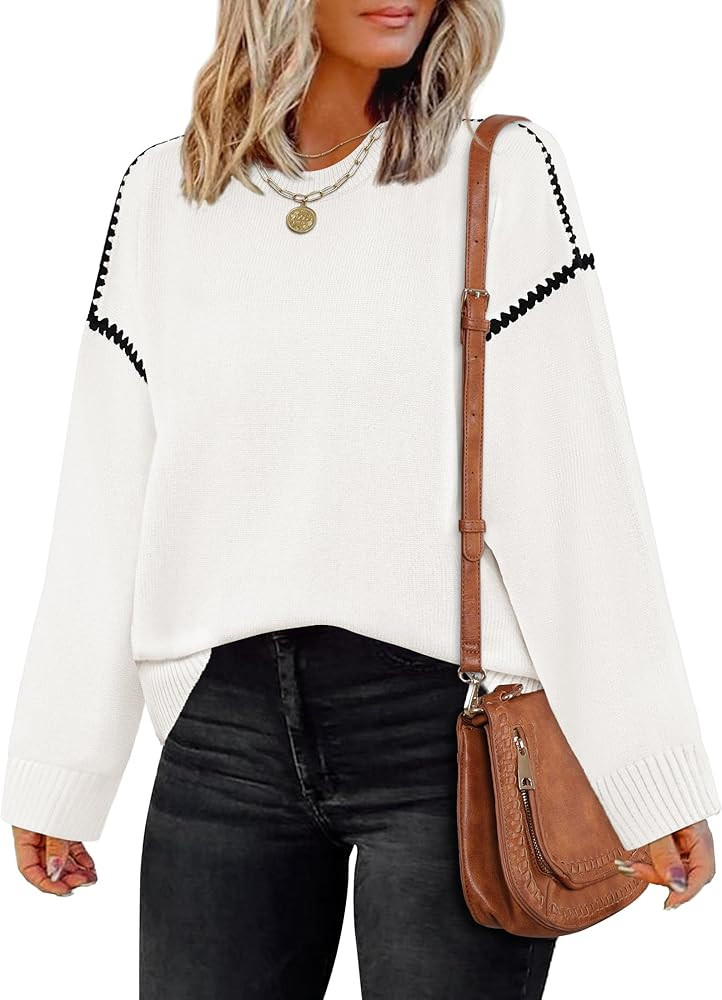 ZESICA Women's Fall Long Sleeve Oversized Sweaters 2024 Casual Crew Neck Loose Fit Ribbed Knit Co... | Amazon (US)