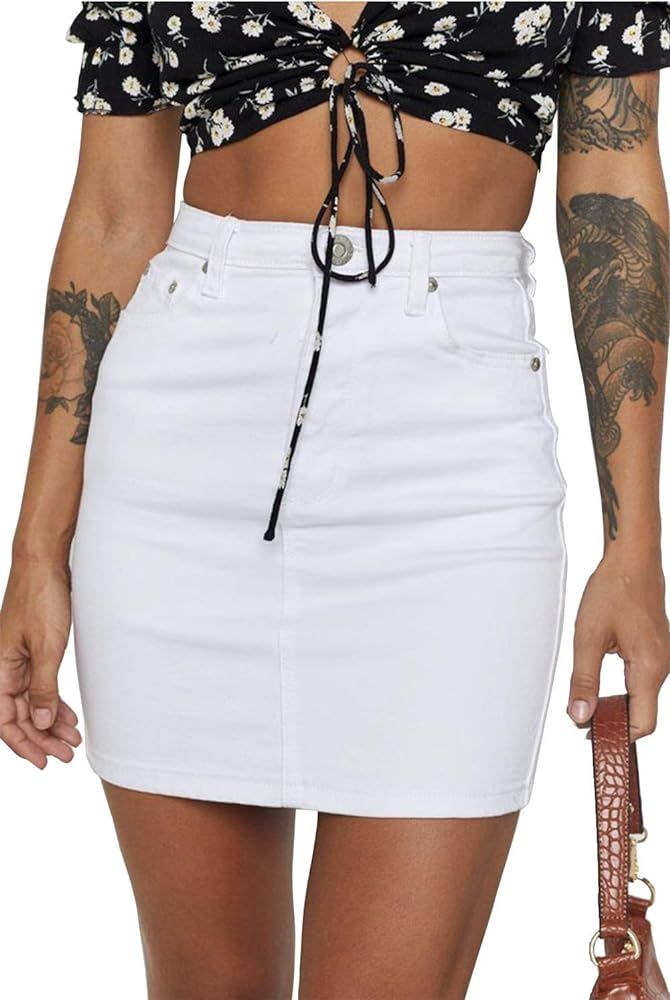 Qirreao Jean Skirts for Women High Waist Stretchy Slim Fit Bodycon Mini Denim Skirt | Amazon (US)