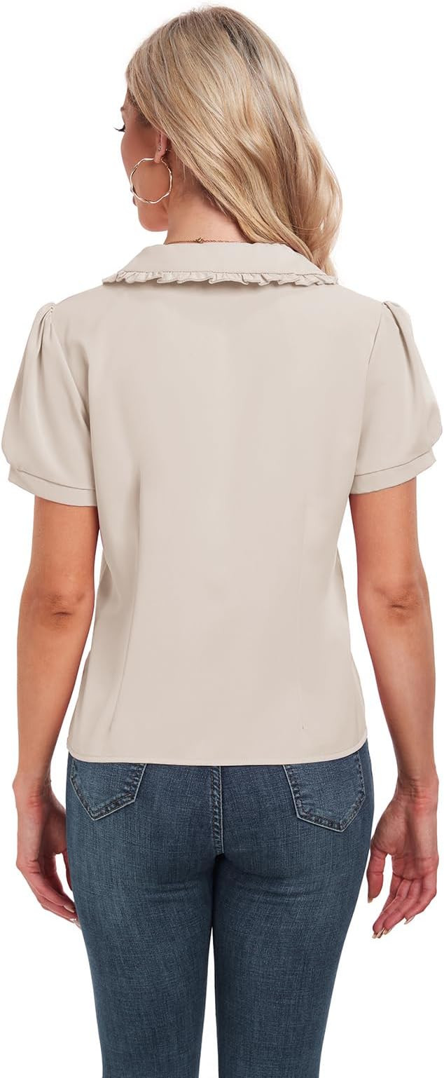 MINTLIMIT Women's Peter Pan Collar Short Sleeves Shirt Tops Button Work Blouse | Amazon (US)