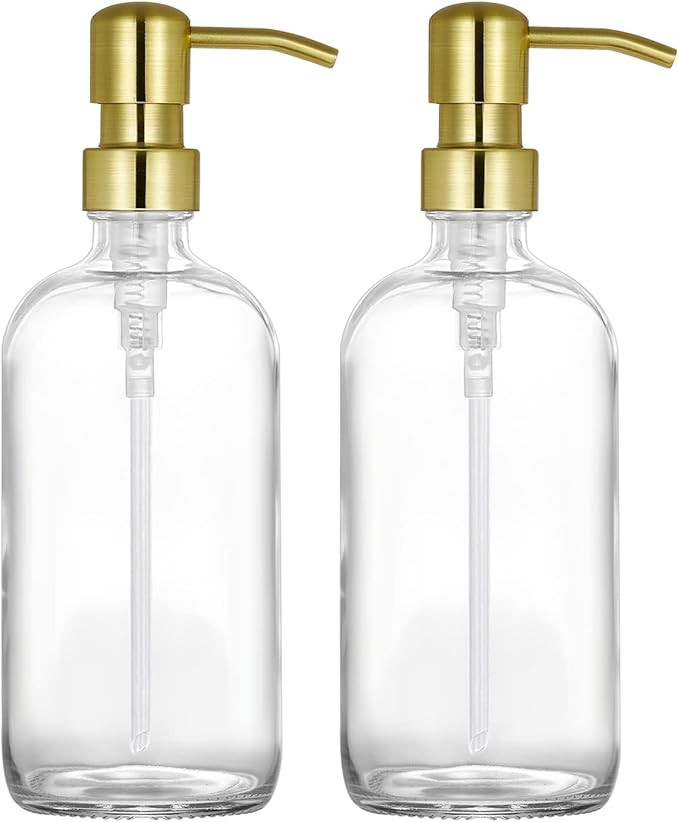 Amazon.com: 2 Pack Thick Clear Glass Pint Hand Soap Dispenser Bathroom with Gold Stainless Steel ... | Amazon (US)