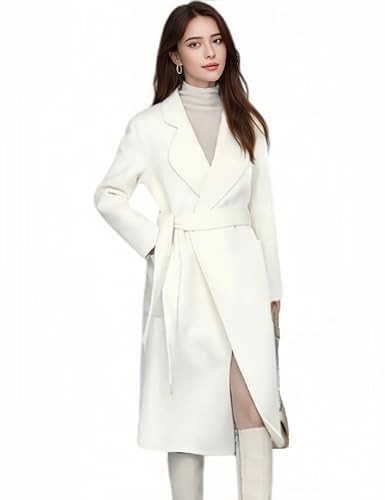 Womens Trench Coat with Belted 100% Wool Coat Windproof Lightweight Jacket Notched Collar Overcoat Winter Outerwear,White,L | Amazon (US)