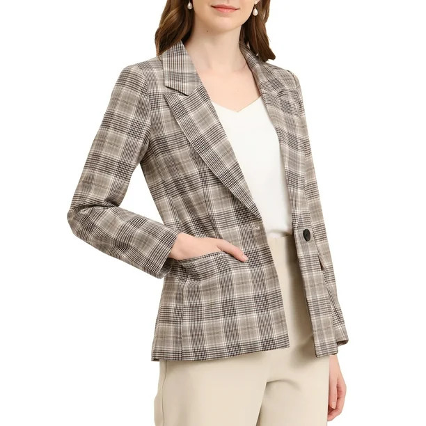 Allegra K Women's Notched Lapel One Button Hip Length Houndstooth Blazer | Walmart (US)