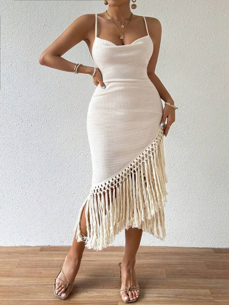 SHEIN VCAY Plus Size Slim Fit Fringe Hem Slip Dress | SHEIN