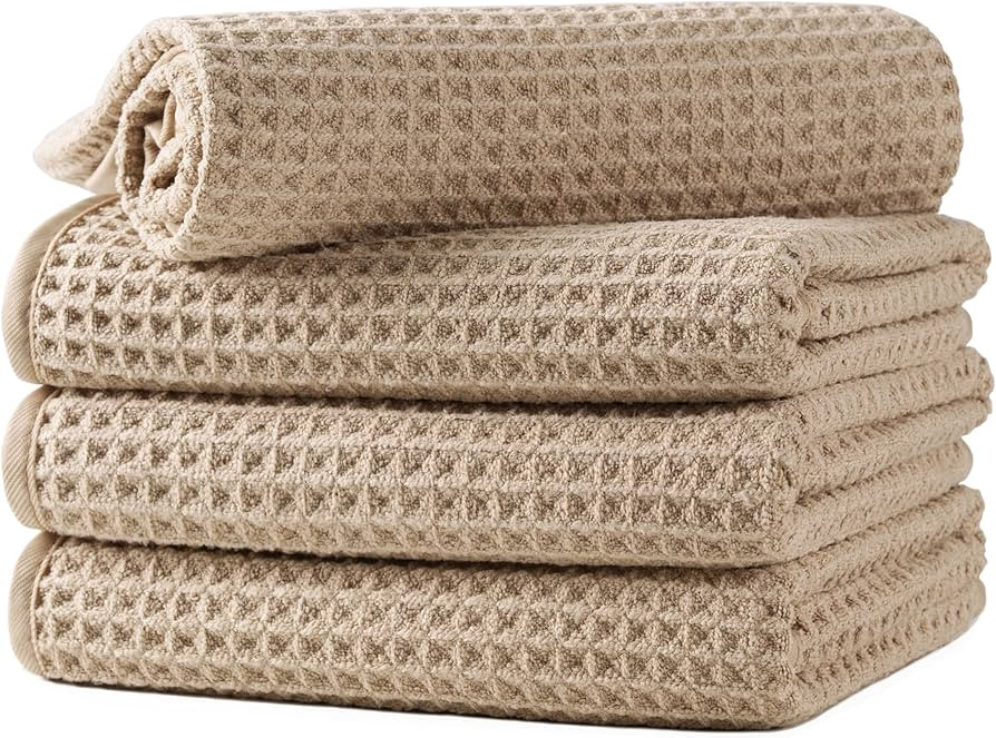 Microfiber Waffle Hand Towels, 4 Pieces, Soft, Absorbent, Fast Drying, Lint Free 430 GSM (Beige) | Amazon (US)