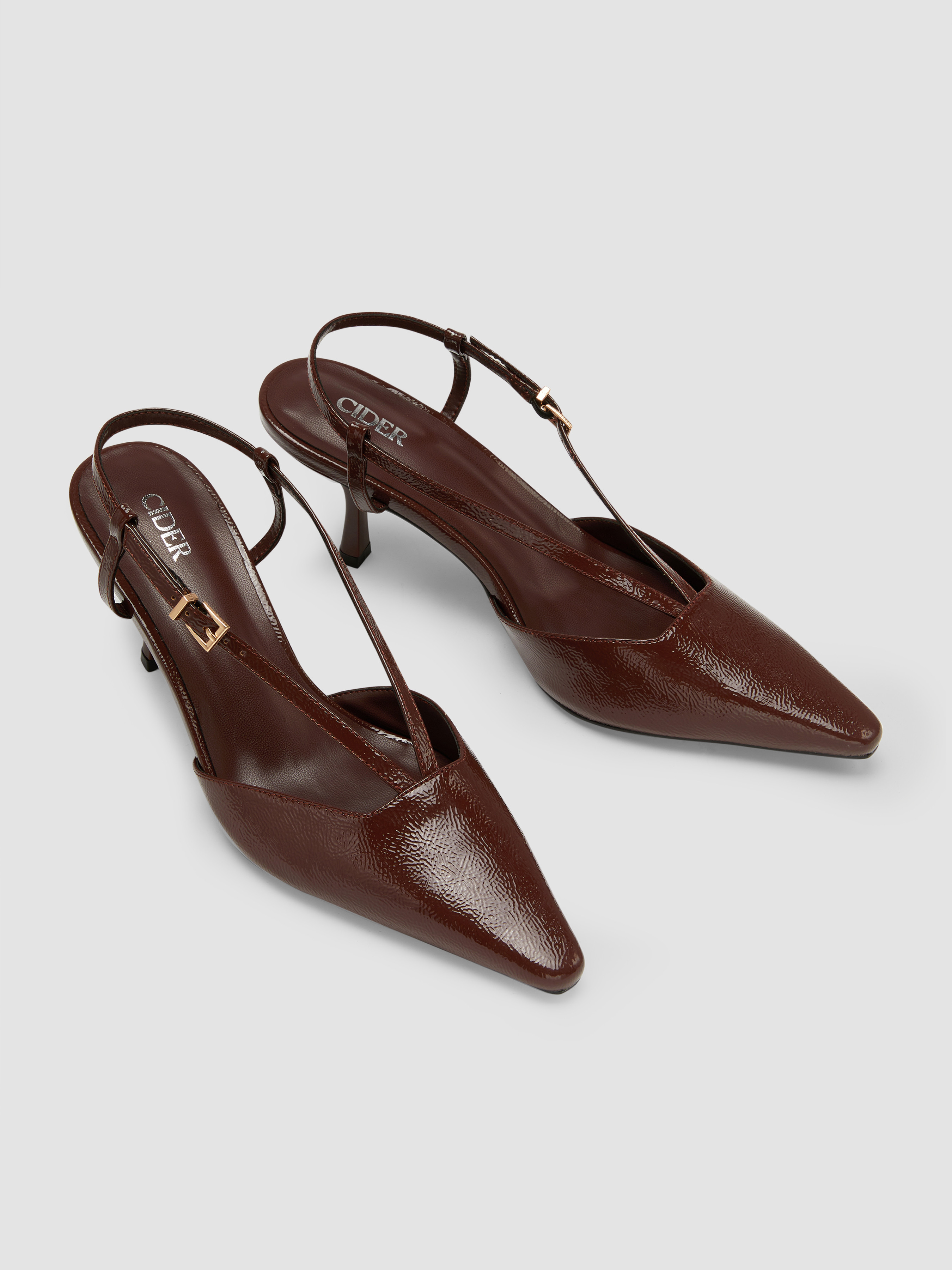 POINTED TOE STRAPPY FAUX PATENT LEATHER SLINGBACK HEELS For Daily Casual Date Work | Cider