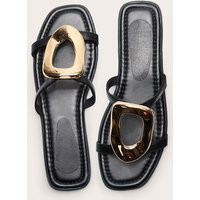 Black PU Double Strap Gold Statement Sandals | PrettyLittleThing US